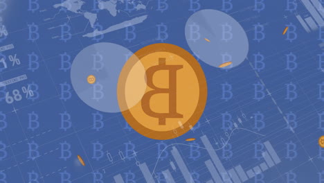Animación-Del-Procesamiento-De-Datos-Financieros-Sobre-Símbolos-Bitcoin-Sobre-Fondo-Azul