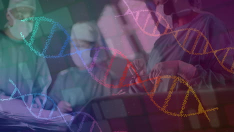 Animation-Von-DNA-Strängen-über-Verschiedenen-Chirurgen-Im-Krankenhaus