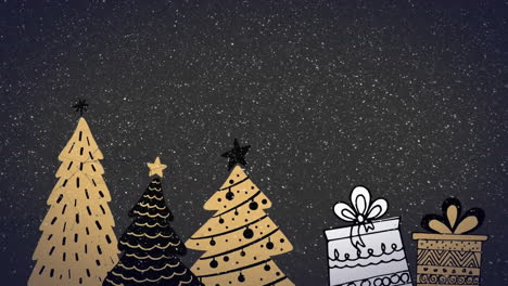 Animation-of-snow-falling-over-presents-and-christmas-trees