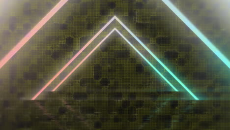 Animation-of-pink-and-blue-neon-triangles-advancing-over-textured-camouflage-grid