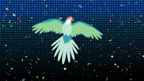 Animation-of-flying-parrot-over-blue-grid-and-falling-confetti-on-black-background