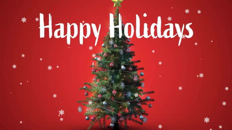 Animation-of-happy-holidays-text-and-snow-falling-over-christmas-tree-on-red-background