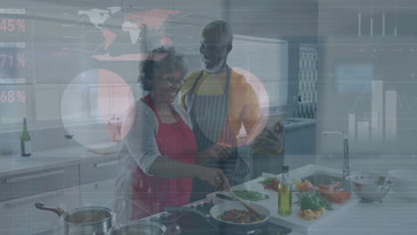 Animation-of-data-processing-over-diverse-senior-couple-cooking