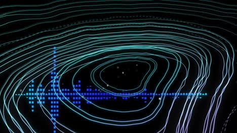Animation-of-circular-pattern-and-sound-wave-against-black-background