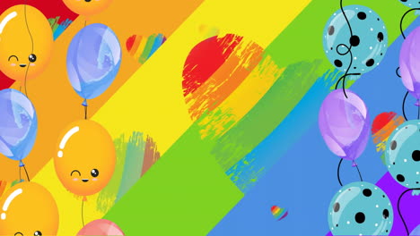 Animation-of-happy-colourful-balloons-over-rainbow-hearts-on-rainbow-background