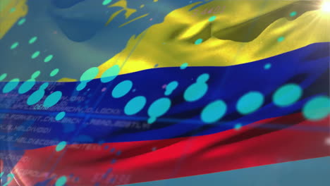 Animation-of-financial-data-processing-and-world-map-over-flag-of-colombia