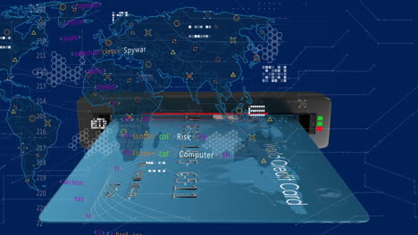 Animation-Von-Kreditkarten--Und-Datenverarbeitung-über-Ein-Globales-Netzwerk-Auf-Blauem-Hintergrund