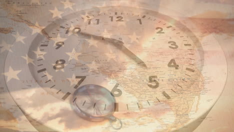 Animation-of-clock-over-world-map-with-compass-and-flag-of-usa