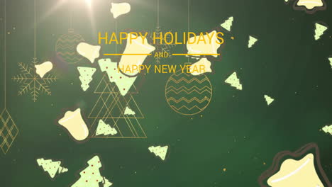 Animation-of-happy-holidays-text-over-christmas-trees-on-green-background