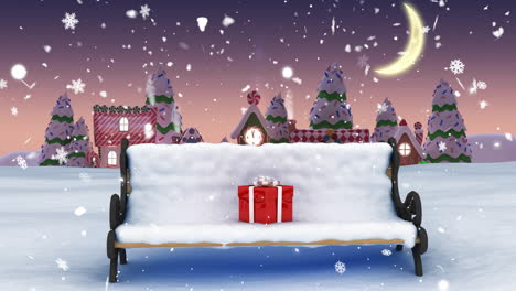 Animation-Von-Schnee,-Der-über-Eine-Bank-Mit-Weihnachtsgeschenk-In-Einer-Winterlandschaft-Fällt