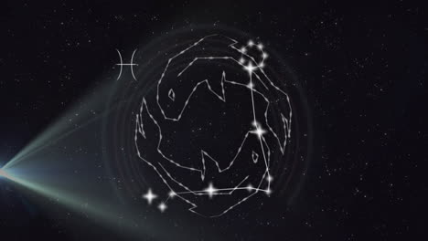Animation-Eines-Spotlights-Auf-Verbundene-Sterne,-Die-Vor-Schwarzem-Hintergrund-Das-Symbol-Der-Fische-Bilden