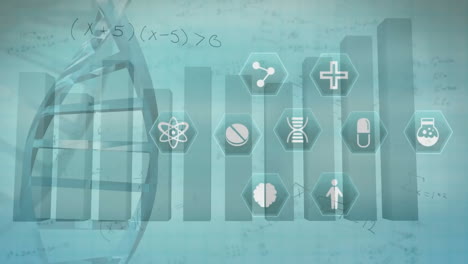 Animation-Von-DNA-Strang,-Medizinischen-Symbolen-Und-Datenverarbeitung