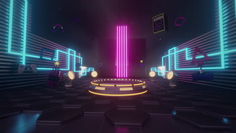 Animation-Von-Neon-Gaming-Funktionen-Mit-Bühnen--Und-Scheinwerferlicht-Auf-Schwarzem-Hintergrund