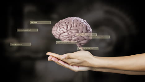 Animation-Des-Menschlichen-Gehirns-Und-Der-KI-Datenverarbeitung-über-Händen-Auf-Schwarzem-Hintergrund