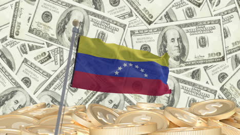 Animation-of-american-dollar-bills-and-coins-over-flag-of-venezuela