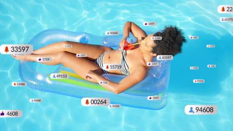 Animation-of-social-media-notifications-over-biracial-woman-with-cocktail-in-pool