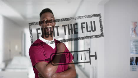 Animation-of-fight-the-flu-and-syringe-over-african-american-male-doctor-in-hospital