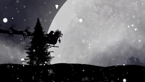 Animation-Von-Fallendem-Schnee-über-Weihnachten,-Weihnachtsmann,-Vollmond-Und-Winterlandschaft