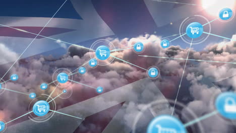Animation-of-connected-icons-and-flag-of-united-kingdom-flag,-aerial-view-of-dense-clouds-in-sky