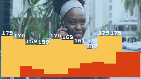Animation-Der-Datenverarbeitung-In-Sozialen-Medien-über-Einer-Afroamerikanischen-Frau,-Die-Ihr-Smartphone-Nutzt