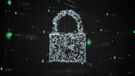 Animation-of-network-padlock-icon-over-data-processing-on-black-background