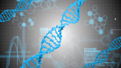 Animation-Von-DNA-Strängen-über-Datenverarbeitung-Auf-Grauem-Hintergrund