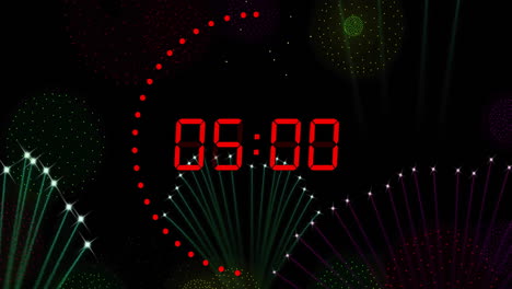 Animation-of-digital-clock-counting-down-to-midnight-with-fireworks-on-black-background