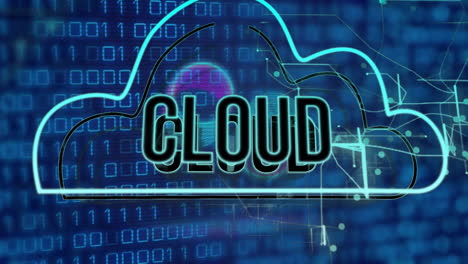 Animation-of-cloud-text-in-cloud,-illuminated-lines-over-binary-codes-against-abstract-background