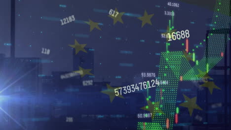 Animation-of-financial-data-processing-over-flag-of-ue-and-cityscape