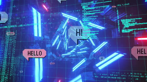 Animation-of-hello-and-hi-text-in-speech-bubbles,-triangular-tunnel-over-computer-language