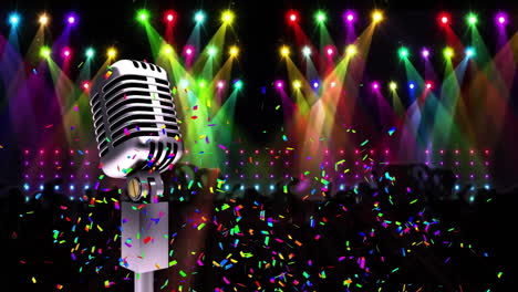 Animation-of-retro-microphone,-confetti-and-disco-party-lights-on-black-background