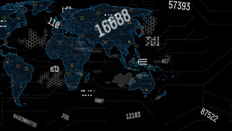 Animation-of-data-processing-over-world-map-on-black-background