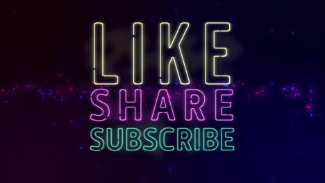 Animation-of-like,-share,-subscribe-text-over-glowing-lights-over-black-background