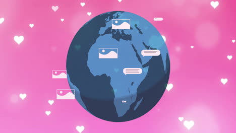 Animation-of-message-boxes,-pictures-and-falling-heart-shape-with-globe-over-pink-background