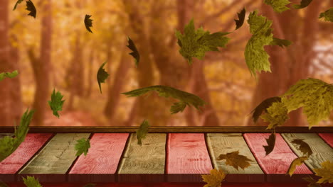 Animation-Von-Blättern,-Die-über-Eine-Holztischplatte-Und-Bäume-Im-Herbstwald-Wehen