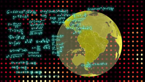 Animation-Von-Mathematischen-Gleichungen-Und-Globus-Auf-Schwarzem-Hintergrund