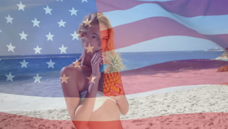 Animation-Der-Flagge-Der-USA-über-Einer-Kaukasischen-Frau-Am-Strand-Im-Sommer