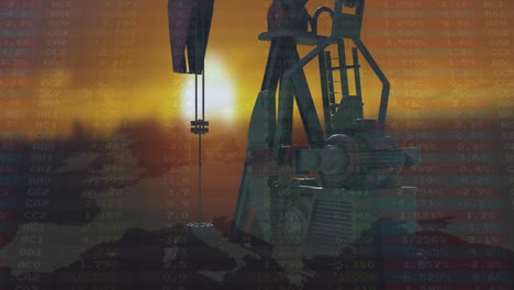 Animation-of-financial-data-processing-over-oil-rig-and-sunset