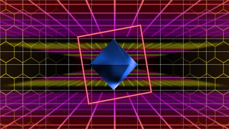Animation-of-rhombus-in-rotating-square-with-grid-pattern-against-abstract-background