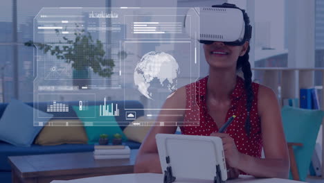 Animation-of-data-processing-over-caucasian-businesswoman-using-vr-headset