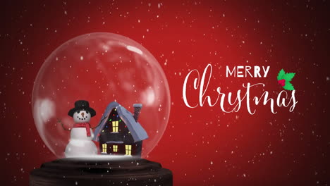 Animation-of-merry-christmas-text-and-snow-falling-over-snow-globe-with-snowman-and-winter-scenery