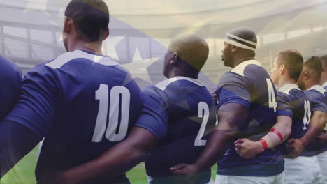 Animation-Der-Flagge-Von-Bosnien-Und-Herzegowina-über-Verschiedenen-Männlichen-Rugbyspielern-Bei-Der-Nationalhymne-Im-Stadion