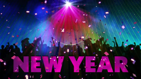 Animation-of-happy-new-year-text-and-confetti-over-people-dancing-on-blue-background