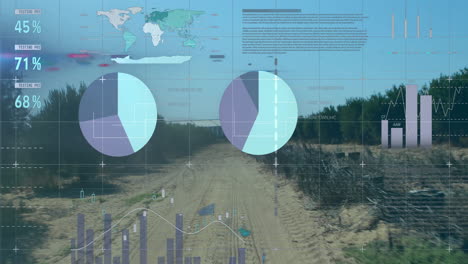 Animation-of-data-processing,-world-map-and-diagrams-over-landscape