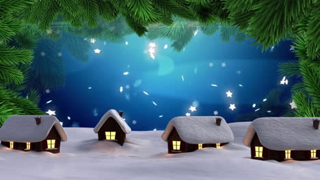 Animation-Von-Schnee,-Der-über-Die-Weihnachtliche-Winterlandschaft-Mit-Häusern-Und-Tannenzweigen-Im-Hintergrund-Fällt