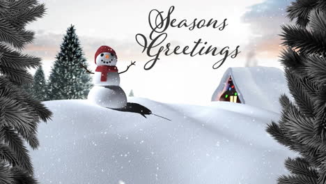 Animation-of-seasons-greetings-text-and-snow-falling-over-snowman-in-winter-scenery