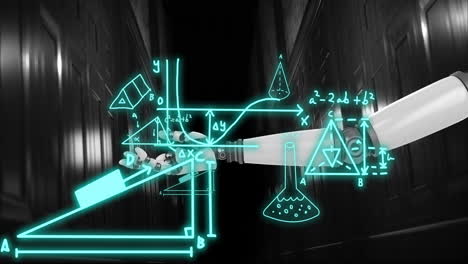 Animation-Der-Wissenschaftlichen-Datenverarbeitung-über-Dem-Roboterarm-Auf-Dunklem-Hintergrund