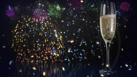 Animation-of-fireworks-and-confetti-falling-over-champagne-glasses