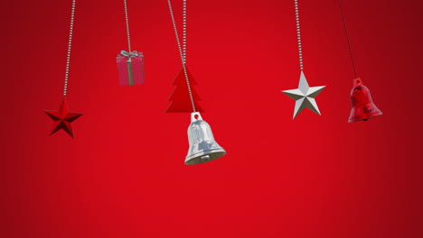 Animation-Von-Glocken,-Sternen-Und-Schwingenden-Geschenkboxen-Vor-Rotem-Hintergrund