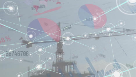 Animation-of-connected-dots,-changing-numbers-and-infographic-interface-over-crane-against-sky